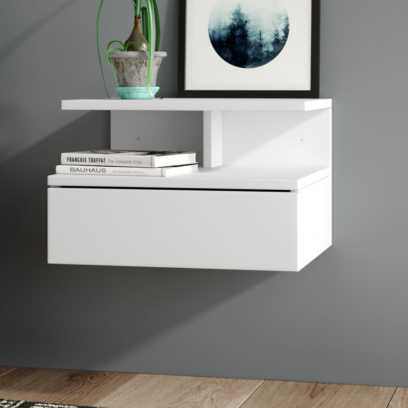 White Wall Mounted Bedside Table Nightstand With 1 Drawer